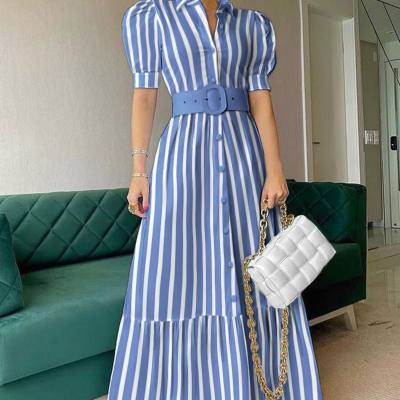 New arrival European and American temperament commuting long short-sleeved swing dress with belt