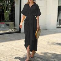Summer new European and American women's wear tie waist short sleeve single breasted solid color shirt dress  Black