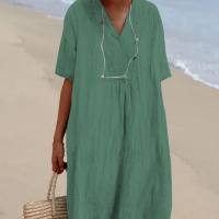 Ready-to-wear women's solid color cotton and linen dress  Green