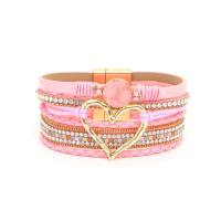 Hot sale Bohemian multi-layer leather bracelet hand-woven bracelet gold big heart women's bracelet  Pink