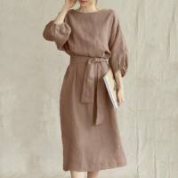 New style temperament medium-length high waist tie solid color round neck dress ladies party dress  Coffee