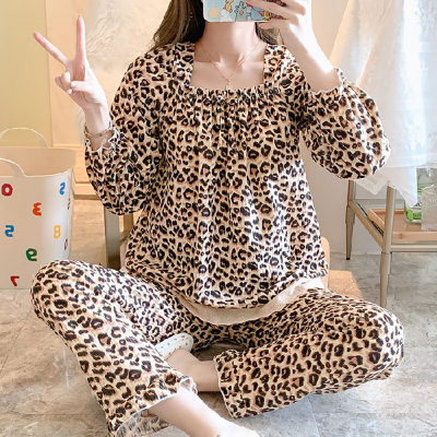 Korean version of pajamas for women in spring and autumn, sexy one line collar, pit stripe leopard print, loose fitting long sleeved pants, mesh red home clothing set