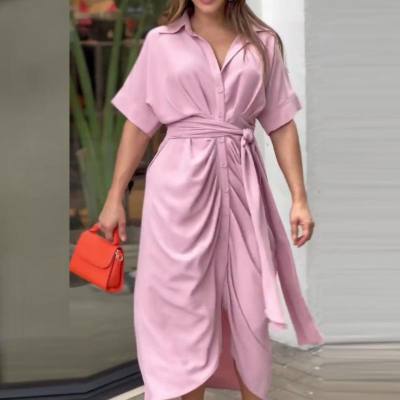 Summer new European and American women's wear tie waist short sleeve single breasted solid color shirt dress