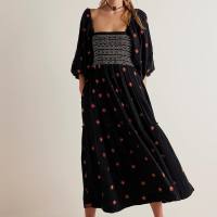 New autumn casual trumpet sleeves embroidered square collar sunflower swing dress  Black