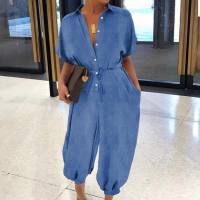 Spring new European and American solid color large size casual short-sleeved denim jumpsuit  Light Blue
