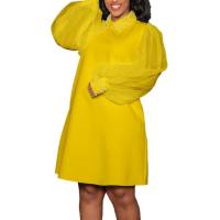 أزياء نسائية أوروبية وأمريكية جديدة بأكمام شبكية مطرزة بمزاج أفريقي كبير الحجم فستان التجارة الخارجية  أصفر