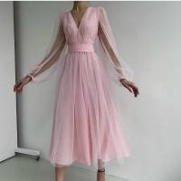 New European and American fairy sexy deep V mesh bubble long sleeve dress slim waist dress  Pink