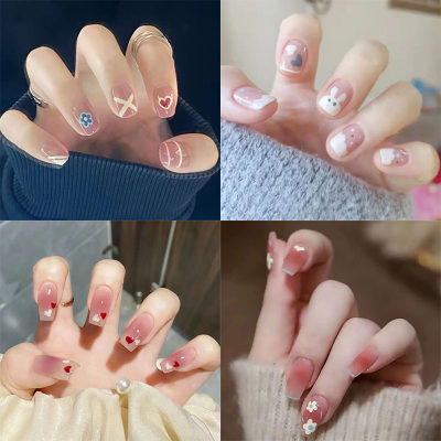 Wearing nail art, nail patches, halo dyeing, French style Instagram, Aurora detachable fake nail bow, frosted, ice permeating, and clear