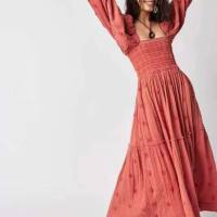 فستان خريفي جديد غير رسمي بأكمام بوق مطرز بياقة مربعة وعباد الشمس  البطيخ الأحمر