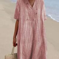 Ready-to-wear women's solid color cotton and linen dress  Pink
