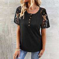 New spring and summer European and American fashion women's clothing Loukong lace splicing short-sleeved tops T-shirts  Black