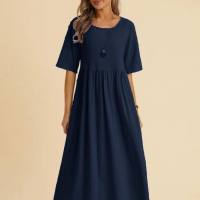 Vestido feminino europeu e americano, tamanho grande, solto, algodão e linho, gola redonda, bolso, manga de cinco pontos, comprimento médio  Azul marinho