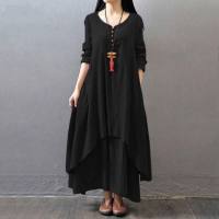 New spring and autumn fake two-piece long skirt literary big swing linen dress loose long sleeve cotton and linen skirt  Black