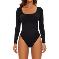 Long-sleeve square neck seamless body-shaping one-piece  Black