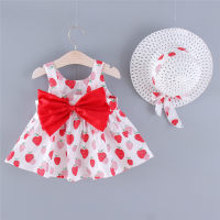 Baby Leopard Printed Bowknot Decor Sleeveless Dress With Hat  Red