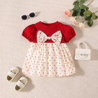 New girls summer bow puff short sleeve polka dot dress  Red