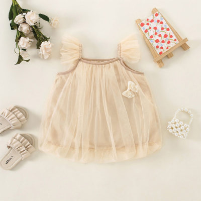 Summer new style girls solid color bow flying sleeves cute mesh suspender dress