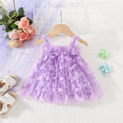 فستان الأميرة للفتيات ذو التصميم الجديد للصيف بلون سادة وشبكة حبال على شكل فراشة من التول