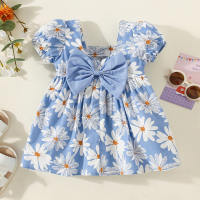 Girls' dress with sweet little chrysanthemum puff sleeves, princess dress with invisible zipper and bow at the back  Blue