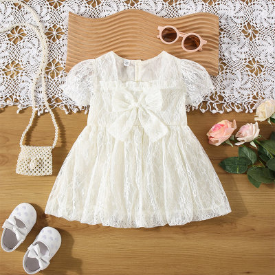 Summer new bow lace short sleeve solid color princess dress