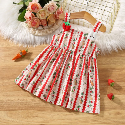Summer new Korean style girls cartoon rabbit strawberry suspender dress