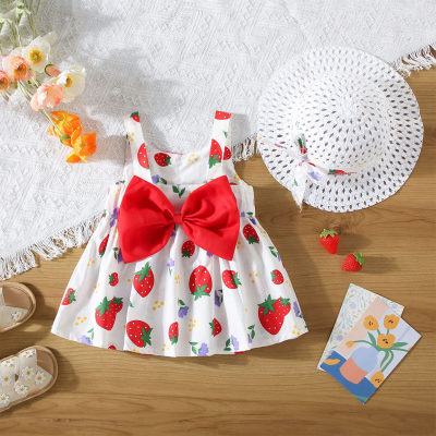 Summer girls new bow strawberry print suspender skirt comes with hat