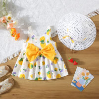 Summer girls new bow strawberry print suspender skirt comes with hat  Yellow