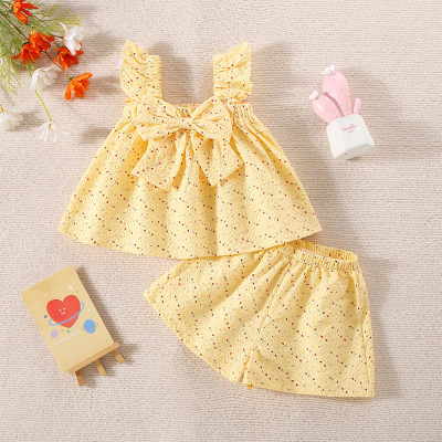 New summer colorful dotted flying sleeves bow tie two-piece suit