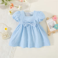 Girls' bow solid color dress cute and sweet puff sleeve princess dress  Blue
