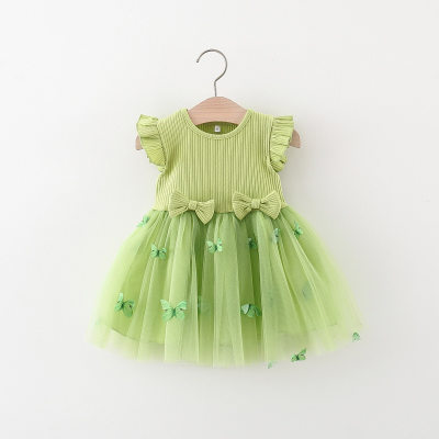 New summer style girls' striped mesh skirt with bow and flying sleeves on the waist