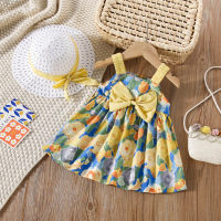 New summer style full body oil painting bow suspender dress with hat  Yellow
