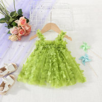 Verão novo estilo meninas doce cor sólida borboleta estilingue malha tule vestido de princesa  Verde