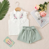 New summer girls' stand collar single breasted rose sleeveless shorts two piece suit  Light Blue