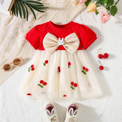 Summer new bow bunny cherry short-sleeved gauze skirt