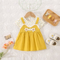 Girls summer new floral patchwork short-sleeved dress  Yellow