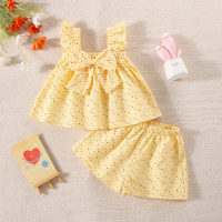 New summer colorful dotted flying sleeves bow tie two-piece suit  Yellow