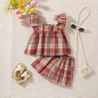 New summer girls plaid one flower flying sleeves two-piece suit  Red
