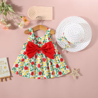 Summer new bow Korean style small flower suspender skirt with hat  Red