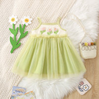 Novo vestido suspensor de malha com três flores de verão  Verde