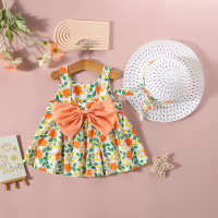Summer new bow Korean style small flower suspender skirt with hat  Orange