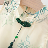 New Girls Summer Chinese Style Bamboo Print Tassel Sleeveless Improved Hanfu Dress  Green