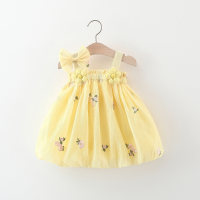 New summer style full body embroidered two flowers lantern sling princess dress  Yellow