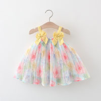Summer new two-bow suspender rainbow flower wrinkled skirt  Yellow