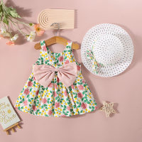 Novedad de verano, falda con tirantes de flores pequeñas de estilo coreano con lazo y sombrero  Rosado