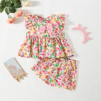 New summer floral bow flying sleeves two-piece suit  Pink