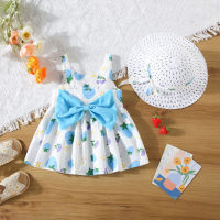 Summer girls new bow strawberry print suspender skirt comes with hat  Blue