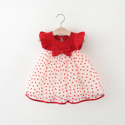 Summer new style girls' bowknot small heart mesh flying sleeve dress
