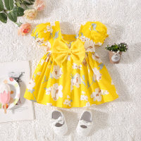 Sommer neues koreanisches Mädchenkleid mit niedlichen Blumen, kurzen Ärmeln und Schleife  Gelb
