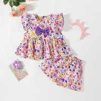 New summer floral bow flying sleeves two-piece suit  Purple
