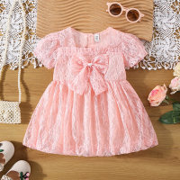 Summer new bow lace short sleeve solid color princess dress  Pink